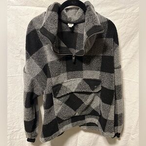 Gap Cozy Half-Zip Plaid Sherpa Pullover - Gray/Black Size M